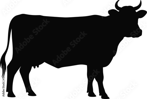 Black Silhouette Of A Cow Standing On A White Background animal