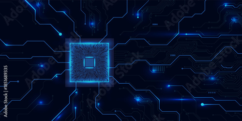 CPU Chip on Motherboard. Central Computer Processors CPU concept. Quantum computer large data processing database concept. Futuristic microchip processor. AI chip background with circuit light.