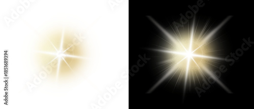 PNG image of Bright golden lens flare burst effect with star shape rays illuminating darkness on white background