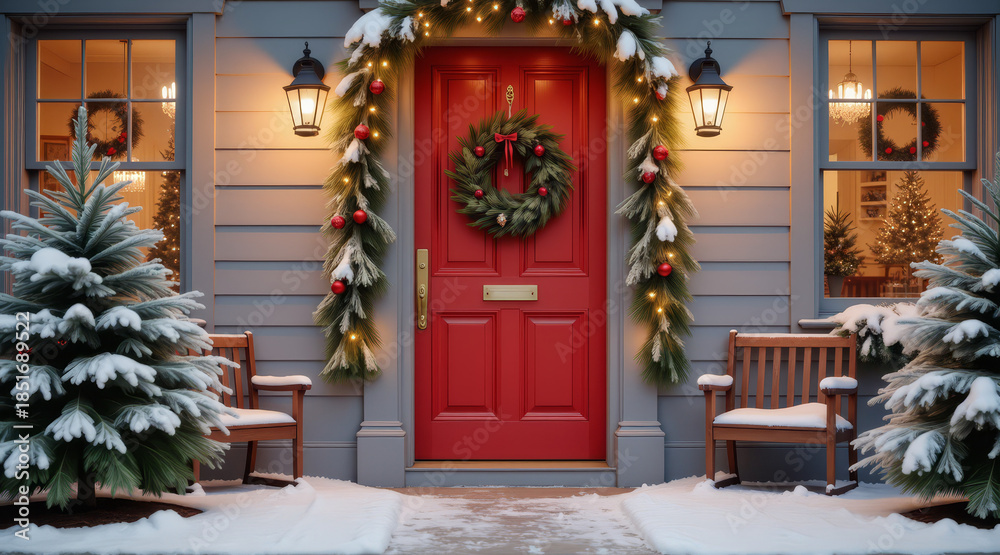 Fototapeta premium Christmas Doorway Decor – Festive Red Door with Wreath and Garland for Holiday Home Styling and Seasonal Greeting Cards