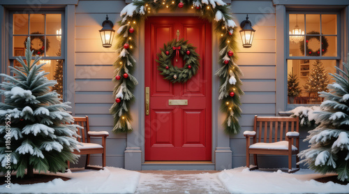 Christmas Doorway Decor – Festive Red Door with Wreath and Garland for Holiday Home Styling and Seasonal Greeting Cards