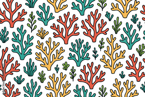 Minimalist sea coral and seaweed pattern with simple colorful branch shapes