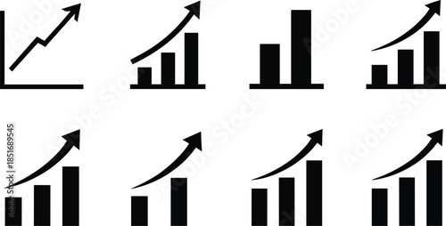 Collection of Black Bar and Line Graphs Showing Upward Trends Keywords: graph, chart, bar chart, line graph, upward trend