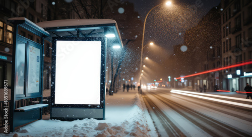 Urban Bus Stop Billboard – Blank Illuminated Display in Snowstorm for Winter Holiday Travel Marketing