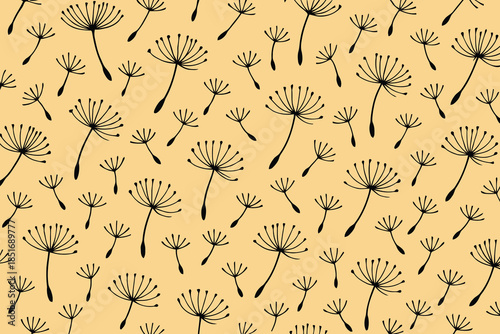 Minimalist dandelion seed pattern with black line art on warm yellow background