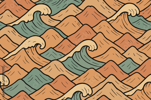 Stylized ocean wave pattern with vintage sea colors and crashing surf