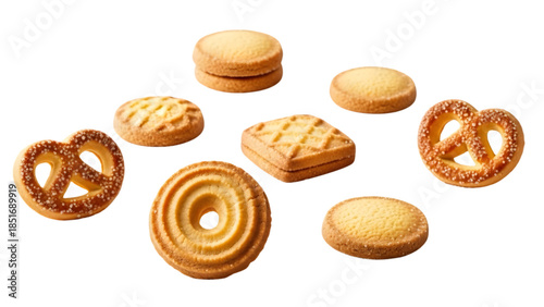 Assortment of butter cookies and pretzels on transparent background