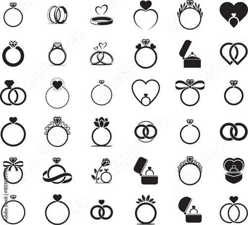 Valentine's day engagement ring vector silhouette icon set for marriage, love and invitation proposal designs