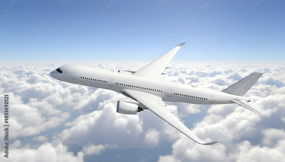 Obraz premium White Airplane Airbus A350 Modern Passenger Jet Plane Flying Above the Clouds with Blue Sky side view high angle