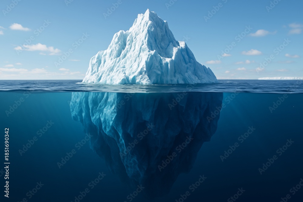Fototapeta premium Massive iceberg floating in ocean with submerged portion visible beneath surface under clear blue sky, concept of climate and environment awareness.. Ai generative