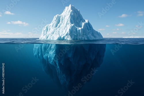 Massive iceberg floating in ocean with submerged portion visible beneath surface under clear blue sky, concept of climate and environment awareness.. Ai generative
