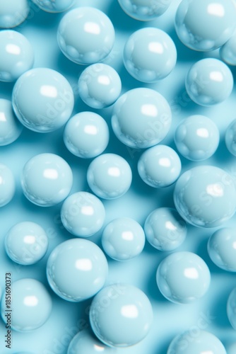A close-up of glossy blue spheres on a soft blue background creates an inviting, modern aesthetic, This image can be used in technology, wellness, or cosmetic-themed projects,