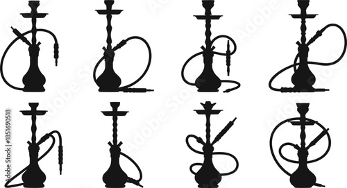 Eight Black Silhouette Hookah Water Pipes With Hoses And Mouthpieces Keywords: hookah, shisha, water pipe, smoking, tobacco