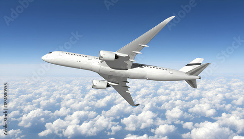 White Airplane Airbus A350 Modern Passenger Jet Plane Flying Above the Clouds with Blue Sky side view low angle