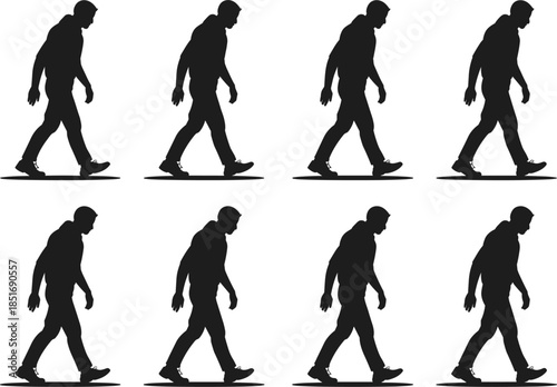 Eight black silhouettes of a man walking from left to right on white background male person