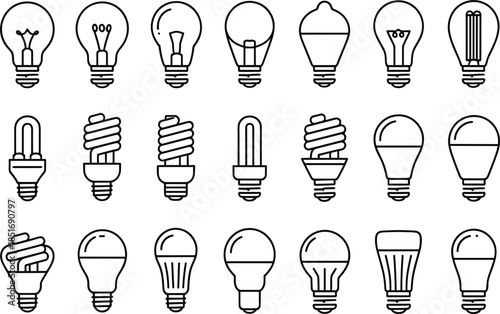 Outline Icons of Various Incandescent, Fluorescent, and LED Light Bulbs Keywords: light bulb, lamp, lighting, idea, concept