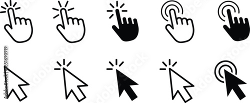 Set of Black and White Cursor Icons and Hand Pointer Icons on White Background mouse