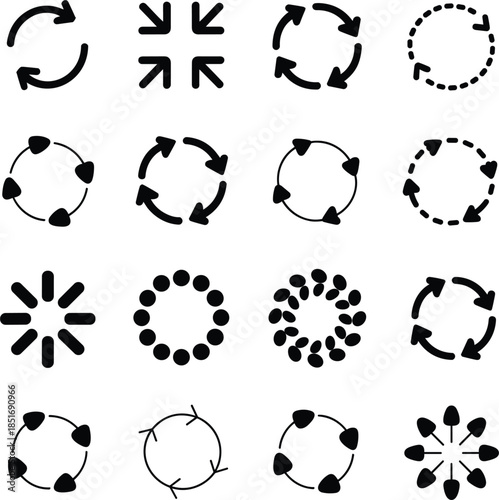 Set of Black Circular Arrows and Loading Icons on White Background Keywords: arrow, circular arrow, reload, refresh, repeat