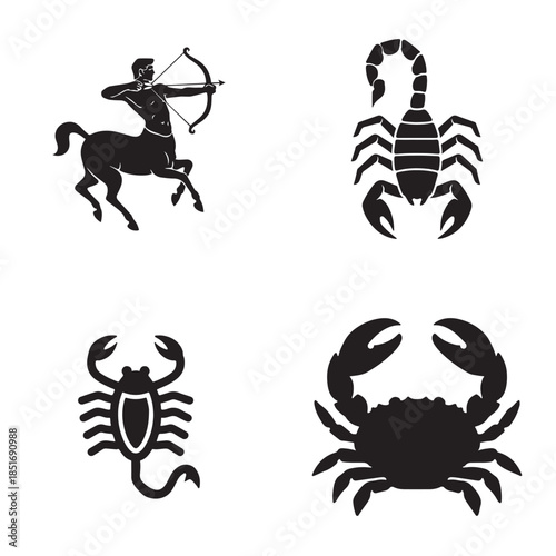 Zodiac symbols including Sagittarius, Scorpio, and Cancer in simple black silhouette