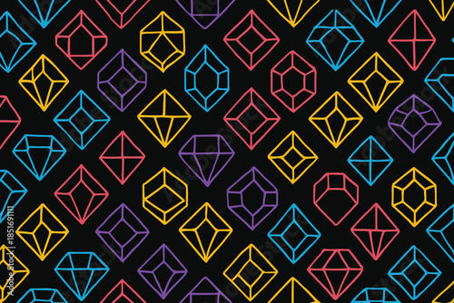 Colorful Line Art Gem and Jewel Pattern on Black Background