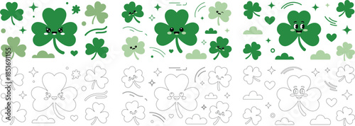 Delightful collection of cheerful cartoon four leaf clovers with playful faces and lucky elements