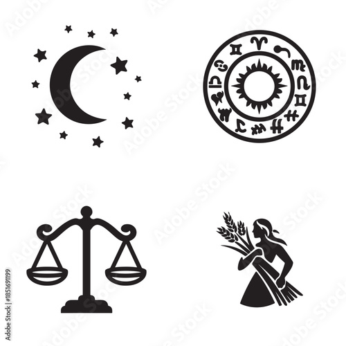 Celestial symbols representing astrology, zodiac signs, and cosmic balance.