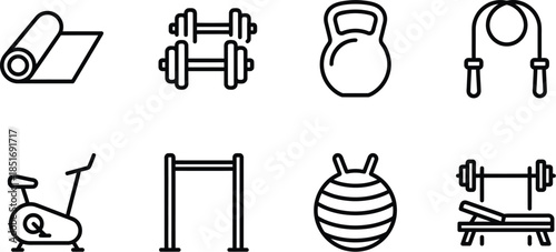 Home Gym Equipment Minimalist Vector Icons Set