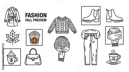 Autumn Fashion Outline Collection with Seasonal Clothing and Accessories.