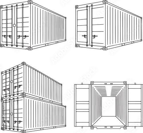 Set of Shipping containers Outline vector illustration isolated On Transparent Background