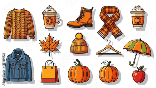 Autumn season clothing and objects collection illustration.