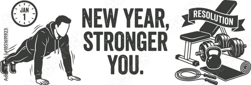 New Year fitness resolution banner with healthy lifestyle goals