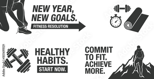 New Year fitness resolution banner with healthy lifestyle goals