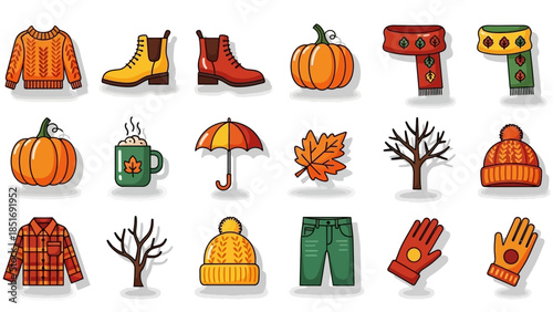 Autumn Season Clothing and Symbols Collection Flat Icons.