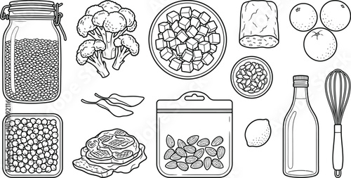Vegan Meal Prep Ingredients Flat Lay Vector Illustration