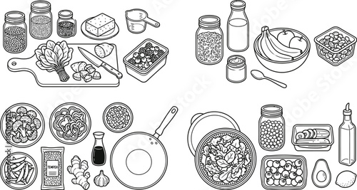 Vegan Meal Prep Ingredients Flat Lay Vector Illustration