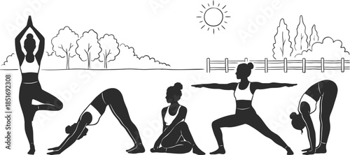 Yoga diverse group practicing outdoors in vector art style