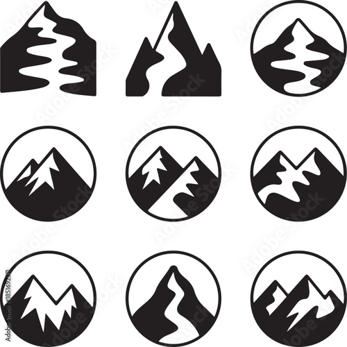 Minimalist mountain peak icons set isolated on transparent background