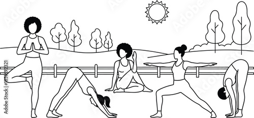 Yoga diverse group practicing outdoors in vector art style
