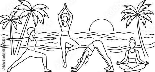 Yoga diverse group practicing outdoors in vector art style