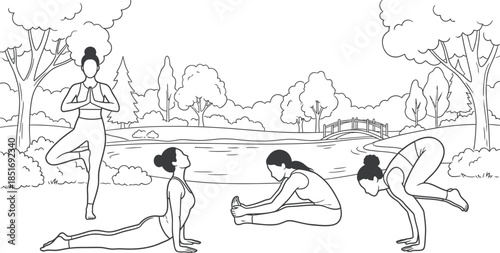 Yoga diverse group practicing outdoors in vector art style