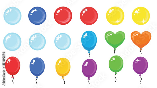 Colorful illustration of assorted balloons in various shapes and hues on a plain white background.