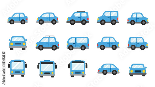 Collection of various blue car icons in different angles and views against a clean white background.