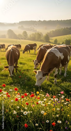 Cows grazing in a lush meadow with wildflowers at sunrise.