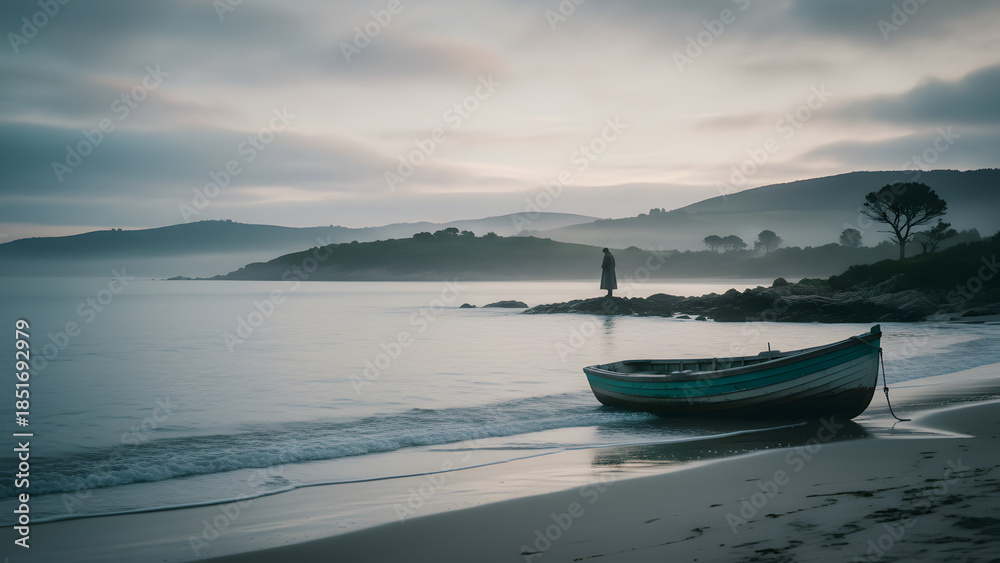 Naklejka premium Serene beach scene with small boat on calm shoreline at dusk