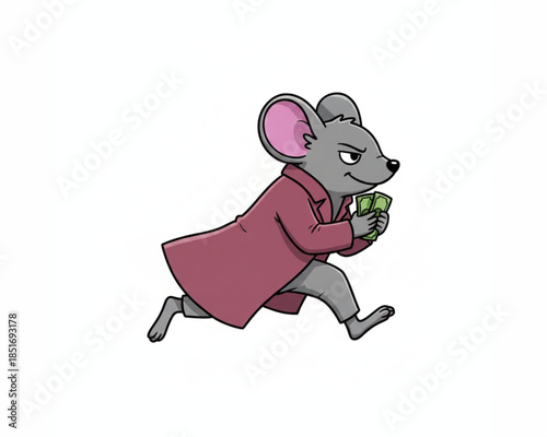 Cartoon mouse running with money in hand, cute character illustration