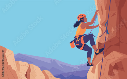 Woman Rock Climbing on Cliff Face with Rope and Harness