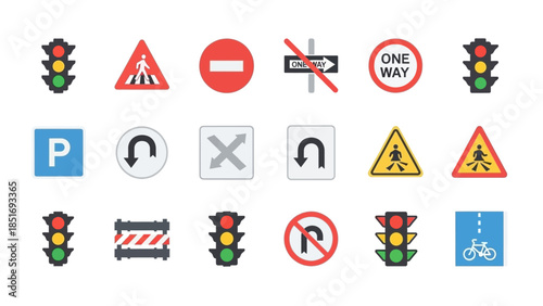 Extensive vector icon collection of essential traffic signs and road safety signals, ideal for driver education, urban planning, and navigation systems