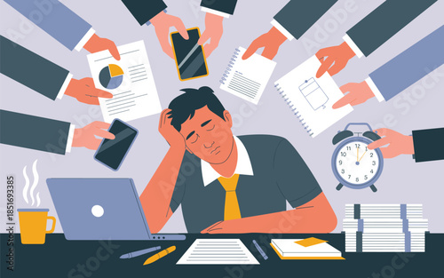 A stressed office worker overwhelmed with work and multiple demands on a busy day