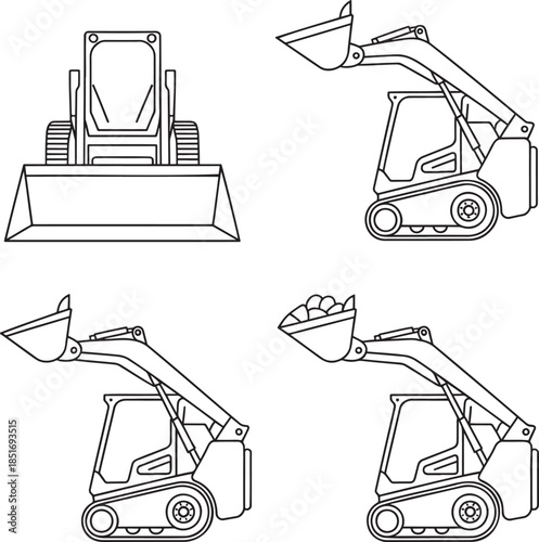 Set of Skid steer loaders Outline vector illustration isolated On Transparent Background