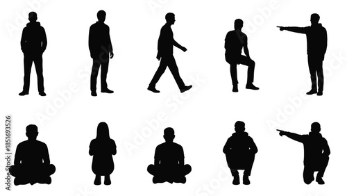 Set of ten black silhouettes of people in various poses on a white background with a flat lay composition.